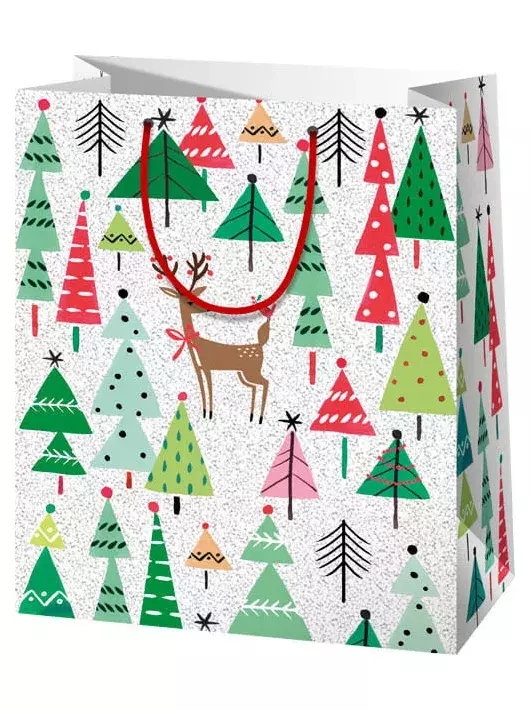 Karácsonyi ajándéktáska 23x18x10cm, közepes, csillogó, szarvas az erdőben